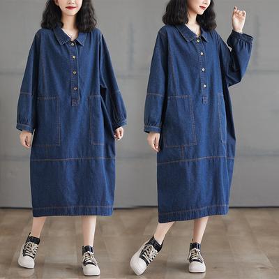 DIMANAF Plus Size 2024 Autumn Women New Denim Dress Casual Button Vintage Loose Oversized Dress Long Sleeve Basic