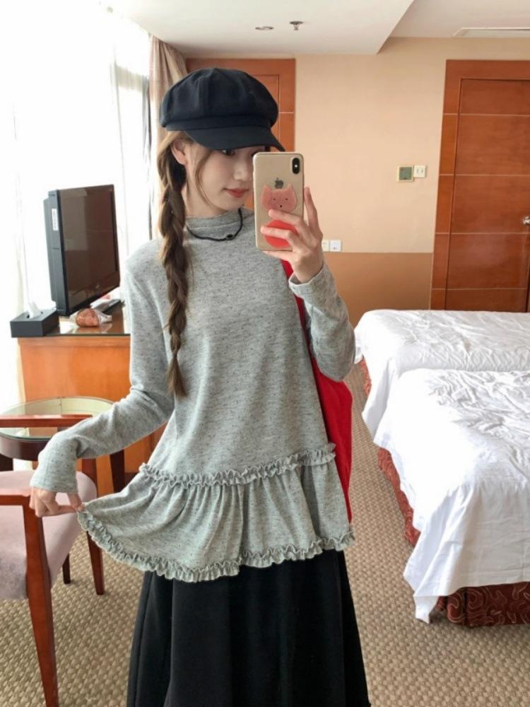 Korean-Style Polka Dot Ruched Long Sleeve T-Shirt – Autumn/Winter Slimming Casual Top