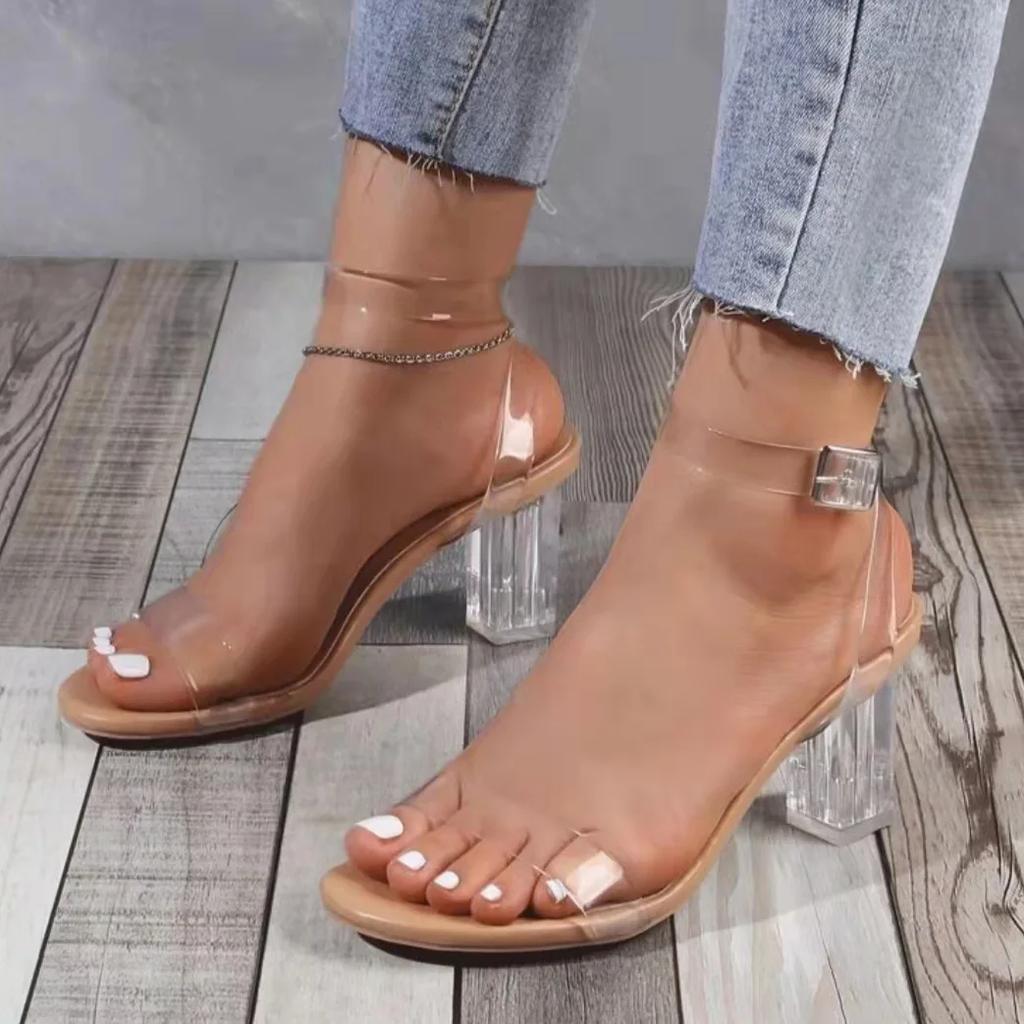 Women PVC Jelly Crystal Chunky Heel Transparent Sandals Sexy Summer High Heels Sandalias Female Pumps Zapatillas Mujer