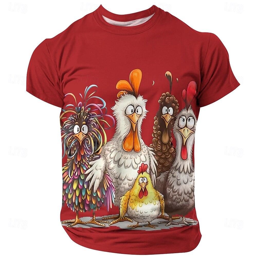 Men's T-Shirt Cartoon Chicken Print Summer Short Sleeve Tops O-Neck Pullover Outdoor Casual Clothing