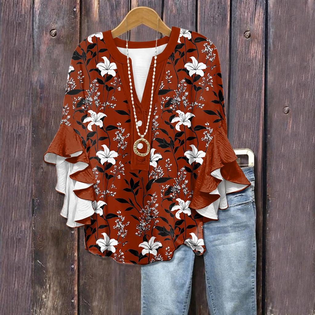 Summer Tops For Women Cute V Neck 3/4 Sleeve Blouses Floral Print Top Casual Shirts