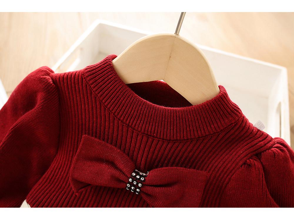 Rochie de iarnă tricotată cu fundă pentru fete, din lână, cu mâneci bufante - Stil coreean