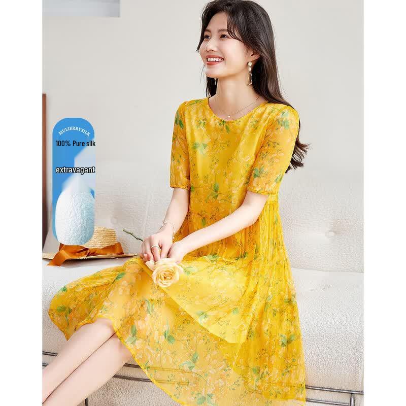 Demana Floral Print Mulberry Silk A-Line Midi Dress