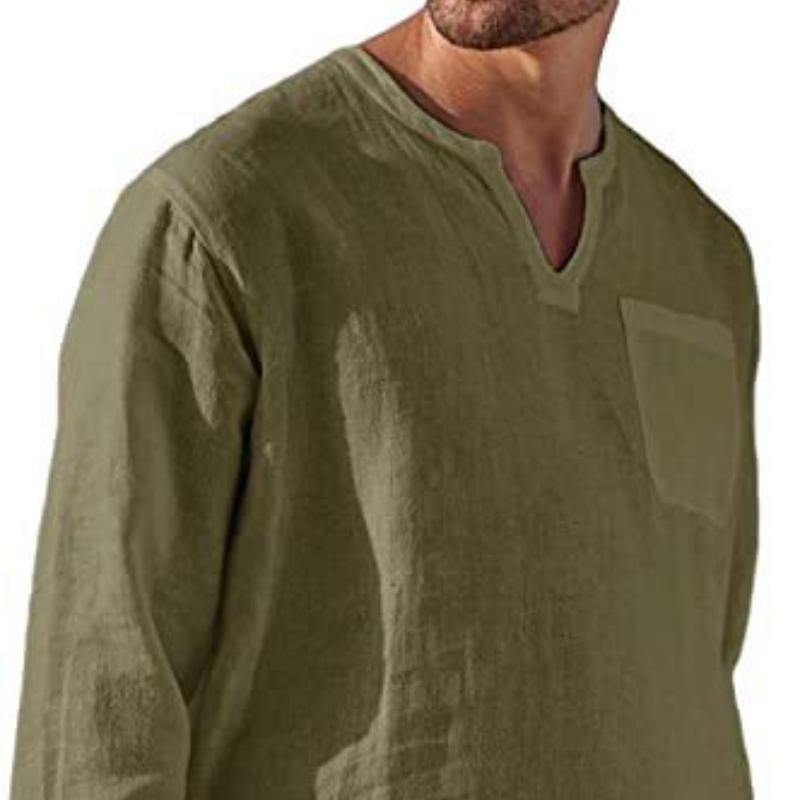 Fashion Men's Long Sleeve V-Neck Casual Beach Linen Shirt Men's Tops