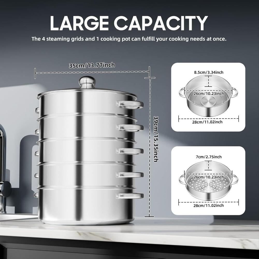 Steamer Pot 5 Tier Stainless Steel Steamer Pan Dumpling Steamer Large Steamer Cooking Pot with Vented Glass Lid for All Stoves