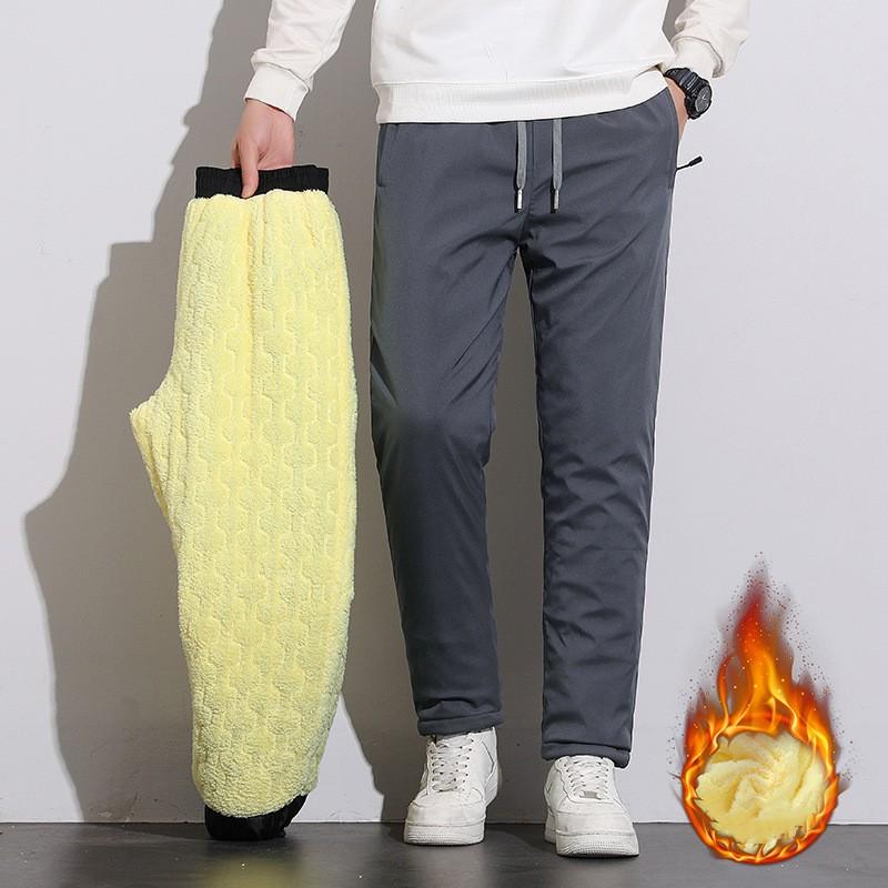 Winter Men's Casual Straight Leg Trousers with Fleece and Thickening Lamb Fleece Thermal Pants