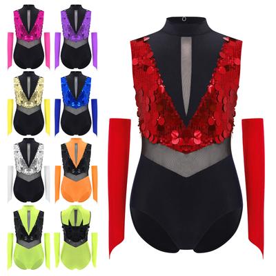 Costume de Danse Filles Justaucorps Col Montant avec Gants Sans Manches Dos Découpé Paillettes Scintillantes