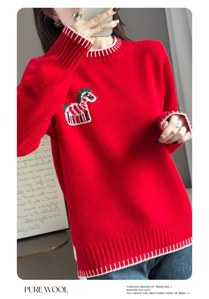 Women's Loose Color Block Round Neck Wool Sweater - Autumn/Winter Thick Knitted Layer