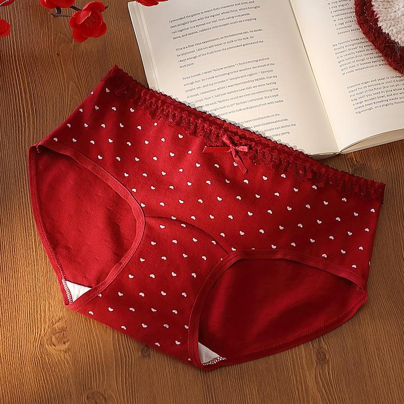 Women's Spring and Summer Print Benming Year Red 10A Bacteriostatic Extended Middle Waist Triangle Briefs