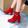 Women's Bright Red Ankle Boots: Fleece-Lined, Plus-Size, High Chunky Heels, Round Toe - Perfect for Bridesmaids and Weddings.