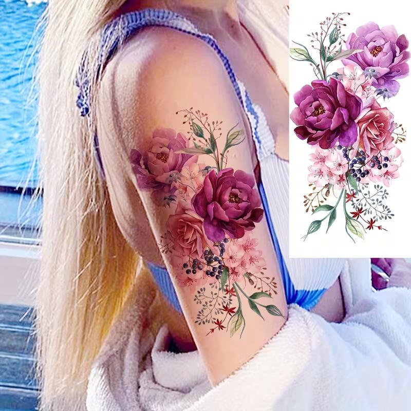 10 Sheets 3D Colorful Peony Rose Flower Temporary Tattoos | Water Color Fake Tattoos Arm Sleeve, Realistic Watercolor Floral Temp Tattoo Sticker
