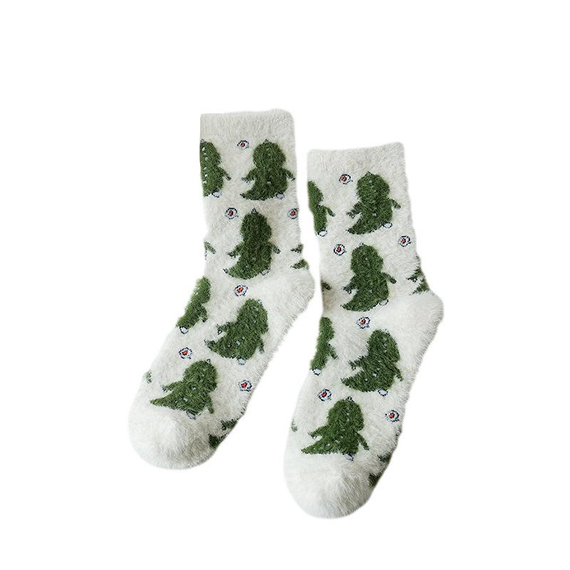 5 Pairs of Autumn and Winter Mink Velvet Cute Cartoon Women's Socks Warm Thickened Sleep Socks Floor Socks Mid-calf Padded Spotted Cow Socks
