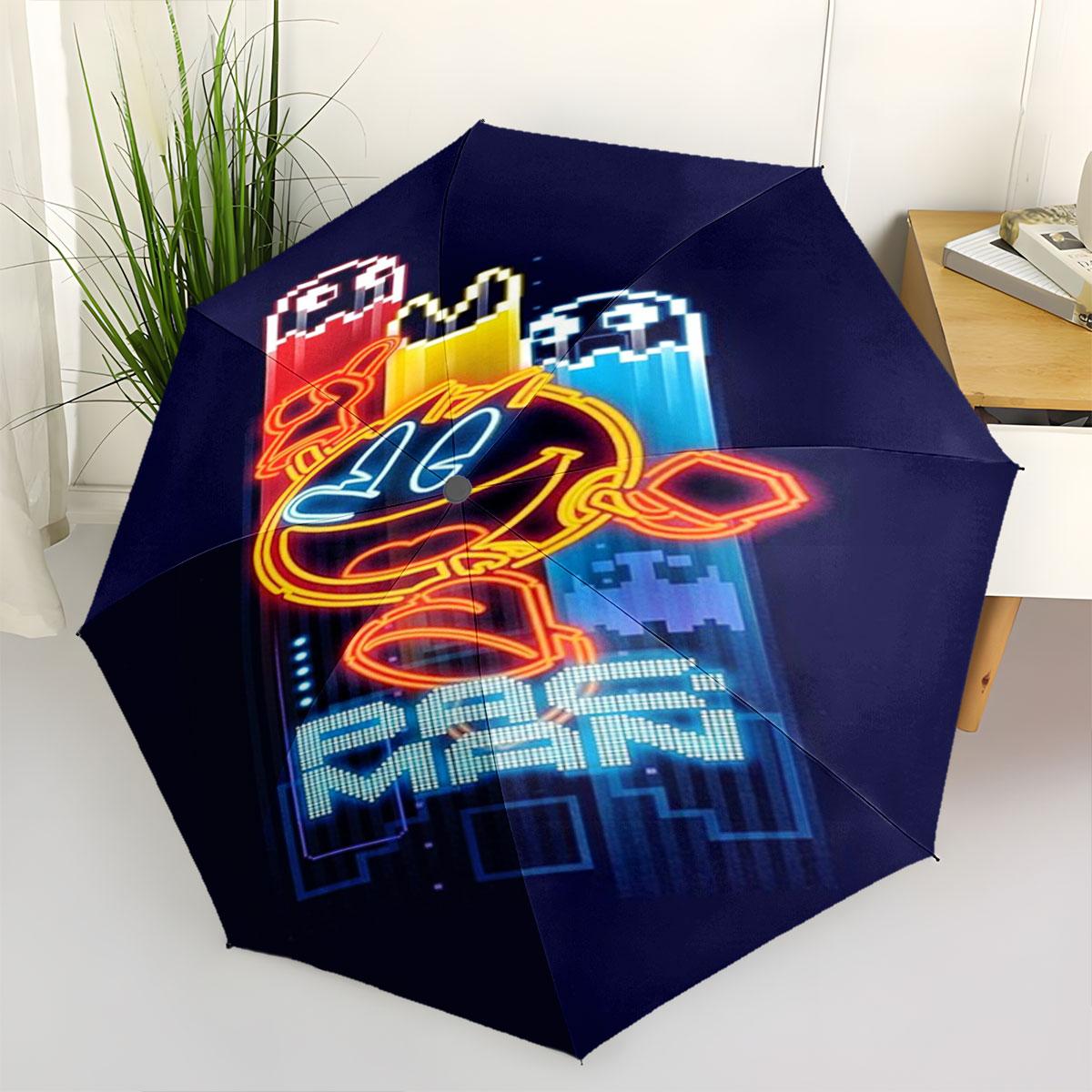 Pac-Man Game Pattern Folding Umbrella Windproof Waterproof Umbrella Outdoor Travel Sunshade Umbrella (as the picture,iron&8K)