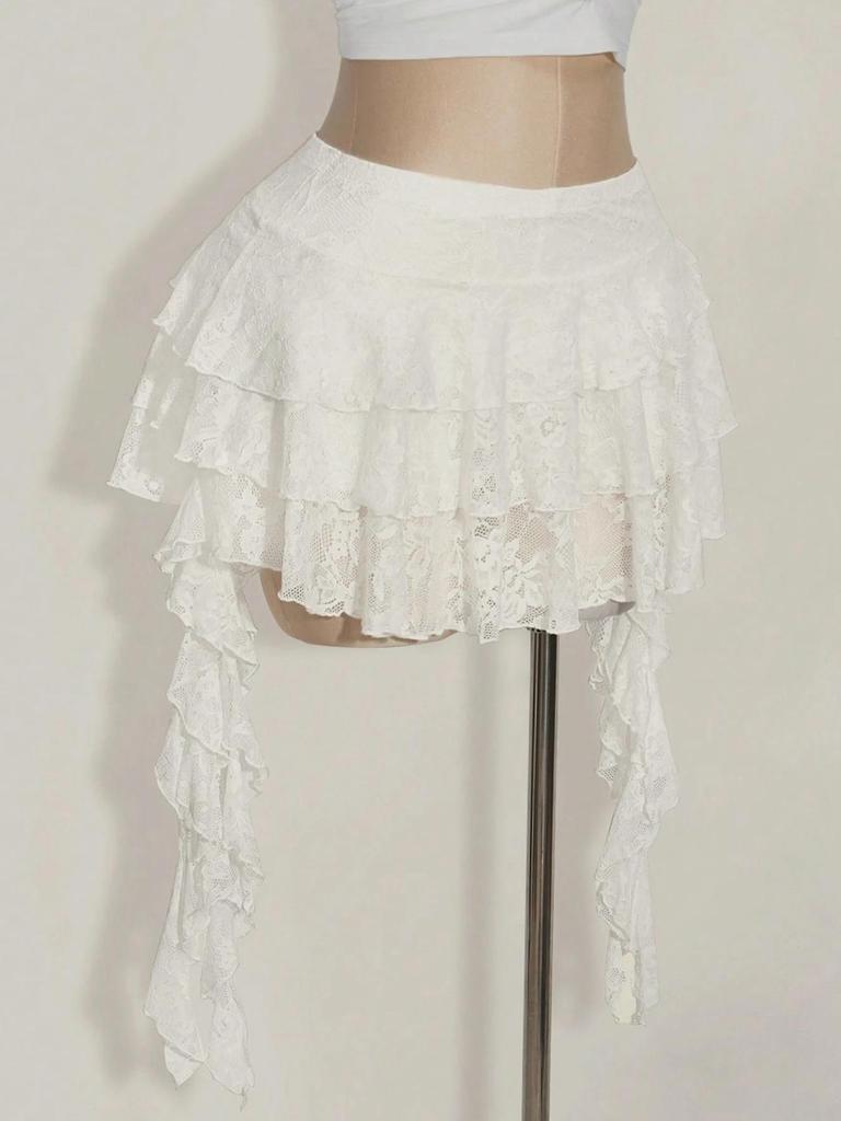 2026 Spring/Summer Women's White Lace Ruffle Mini Skirt with Safety Shorts