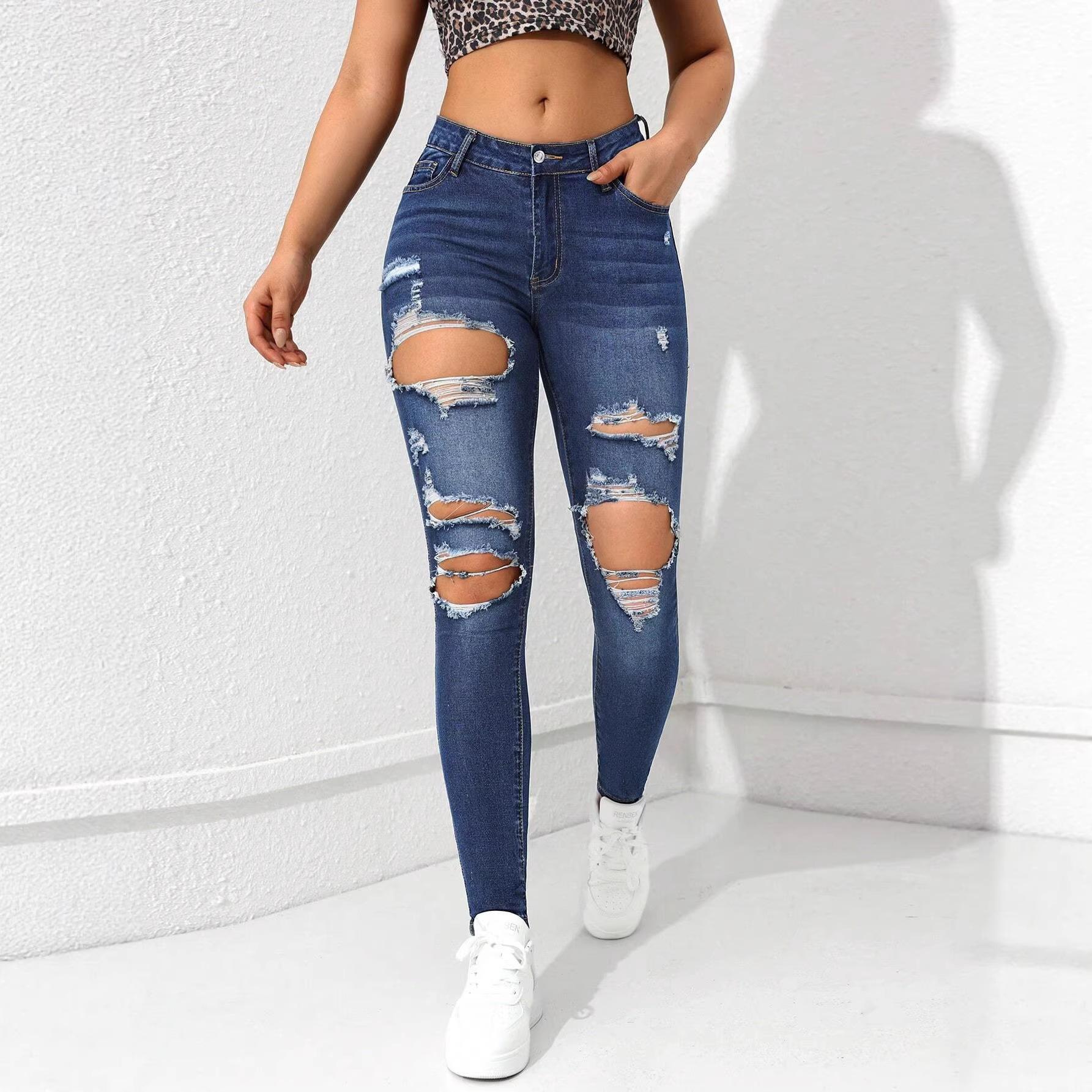 2026 New Fashionable Ripped Slim-Fit Casual Slimming Women s Jeans XS синий