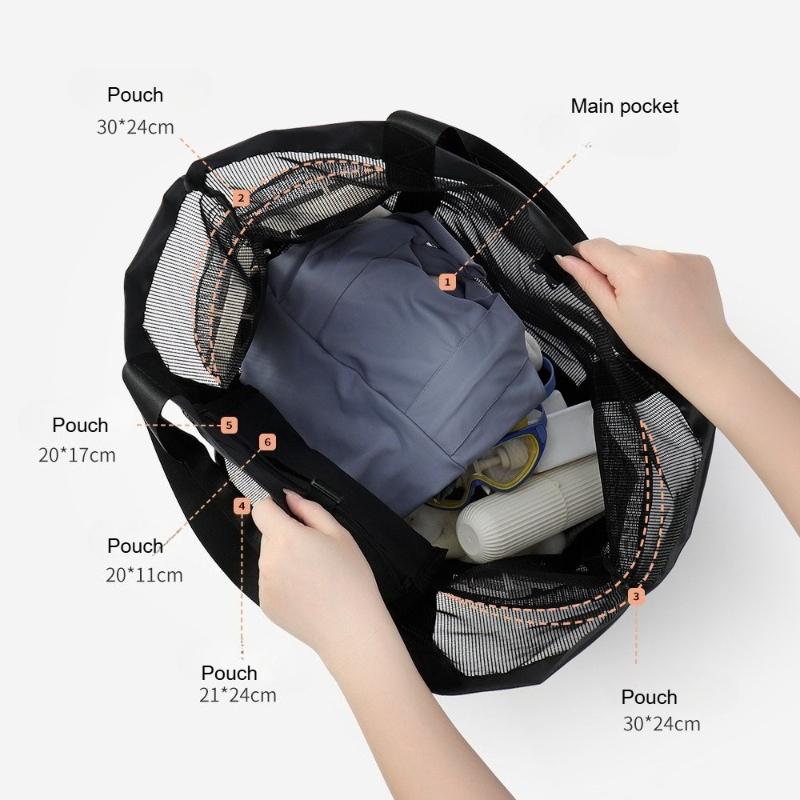 Large Capacity Mesh Beach Tote Bag Women Waterproof Shoulder Bag Multi Pocket Swimming Pool Travel Storage Handbag