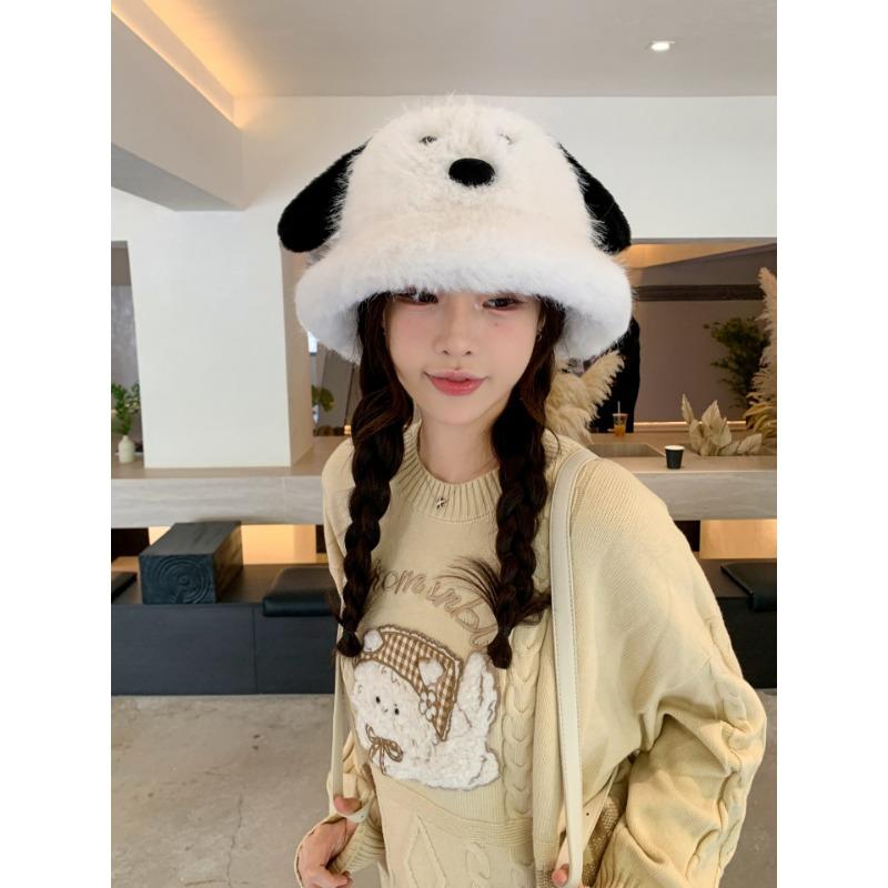 Women Students Cute Plush Dog Long Ear Bucket Hat Autumn Winter Warm Windproof