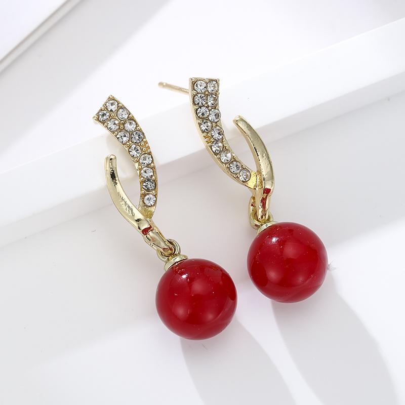

1 Pair of Fashionable Classic Inlaid Rhinestone Red Color Round Bead Earrings, Ladies Elegant Holiday Party Accessories Zircon