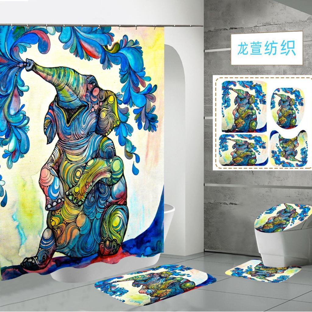 Polyester Elephant 3D Digital Printing Bathroom Personalized Partition Shower Curtain Four-Piece Set