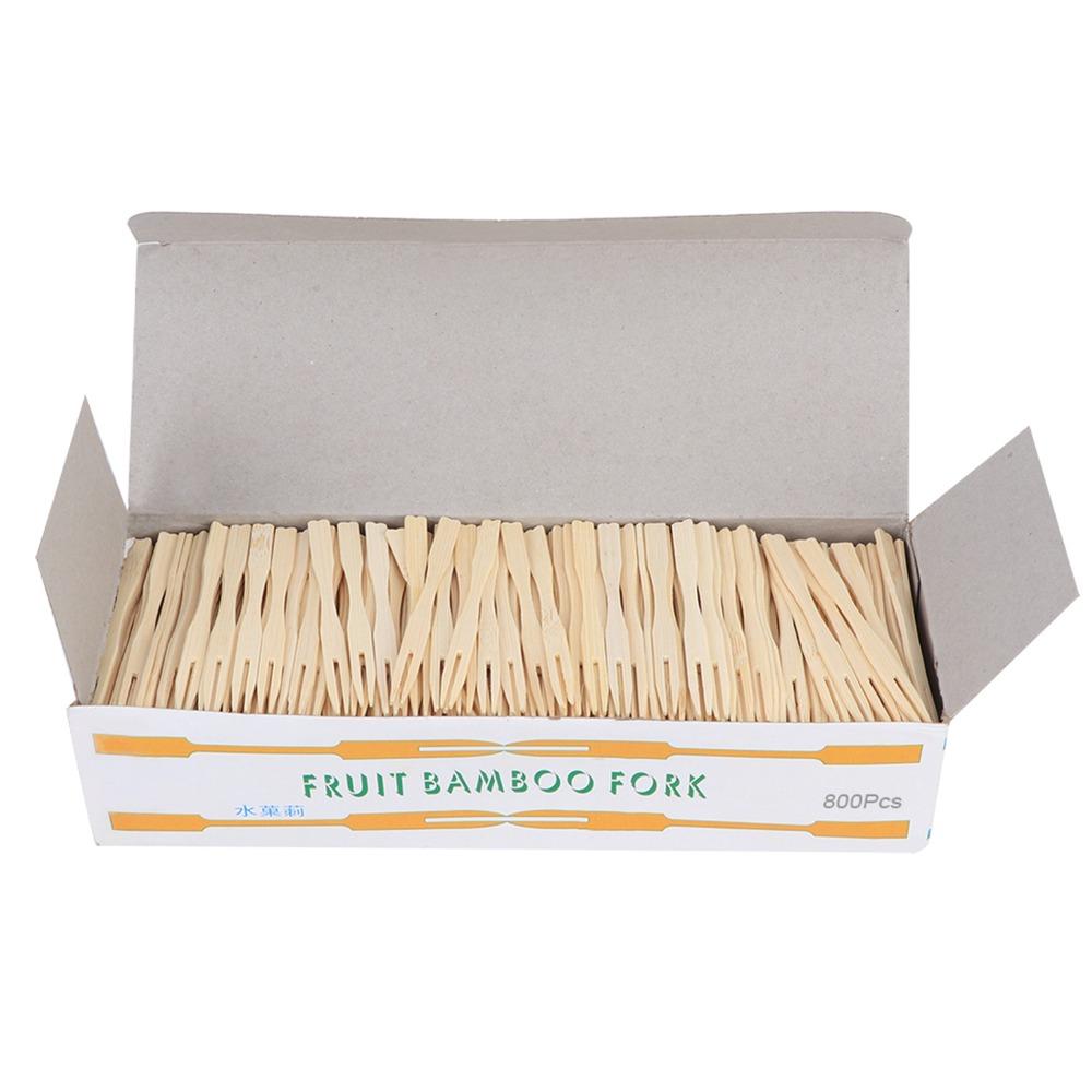 800Pcs Bamboos Raw Dessert Pick Mini Two-prong Fork Snack Fork Fruit Skewer Outdoor Snack Eating