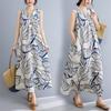 Women's V Neck Sleeveless Midi Dress Loose Fit Vintage Leaf Print Casual Vacation Dress
