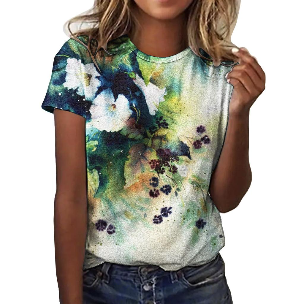 Summer Round Neck 3D Love Flower Print Top Fashionable Casual Short Sleeved Women's T-shirts
