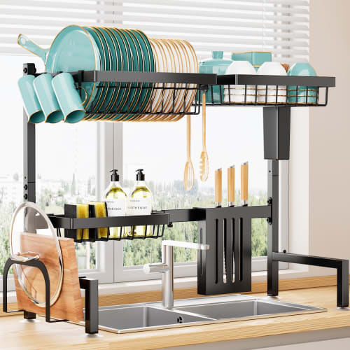 Sakugi Over-the-Sink Dish Drainer, Dish Drying Basket, Extendable [68-86cm Wide], 304 Stainless Steel, Rust-Resistant, Automatic Draining, Multi-Funct