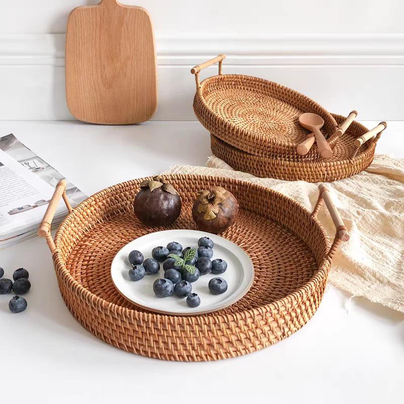 Vietnamese Rattan Handwoven Multi-Functional Storage Basket with Handles and Round Tray Design