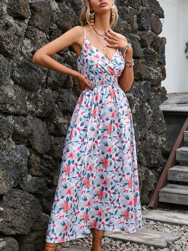 2023 Summer Bestseller: Women's V-neck Spaghetti Strap Print Dress - European & American Style, Waist-Cinching Design