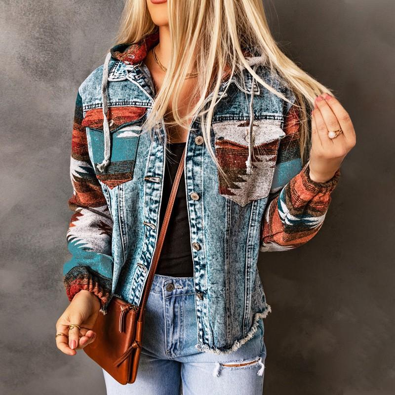 Damen Oversize Jeansjacke Mit Kapuze Patchwork Kontrastfarbe Retro Vintage Stil Langarm Lockerer Schnitt