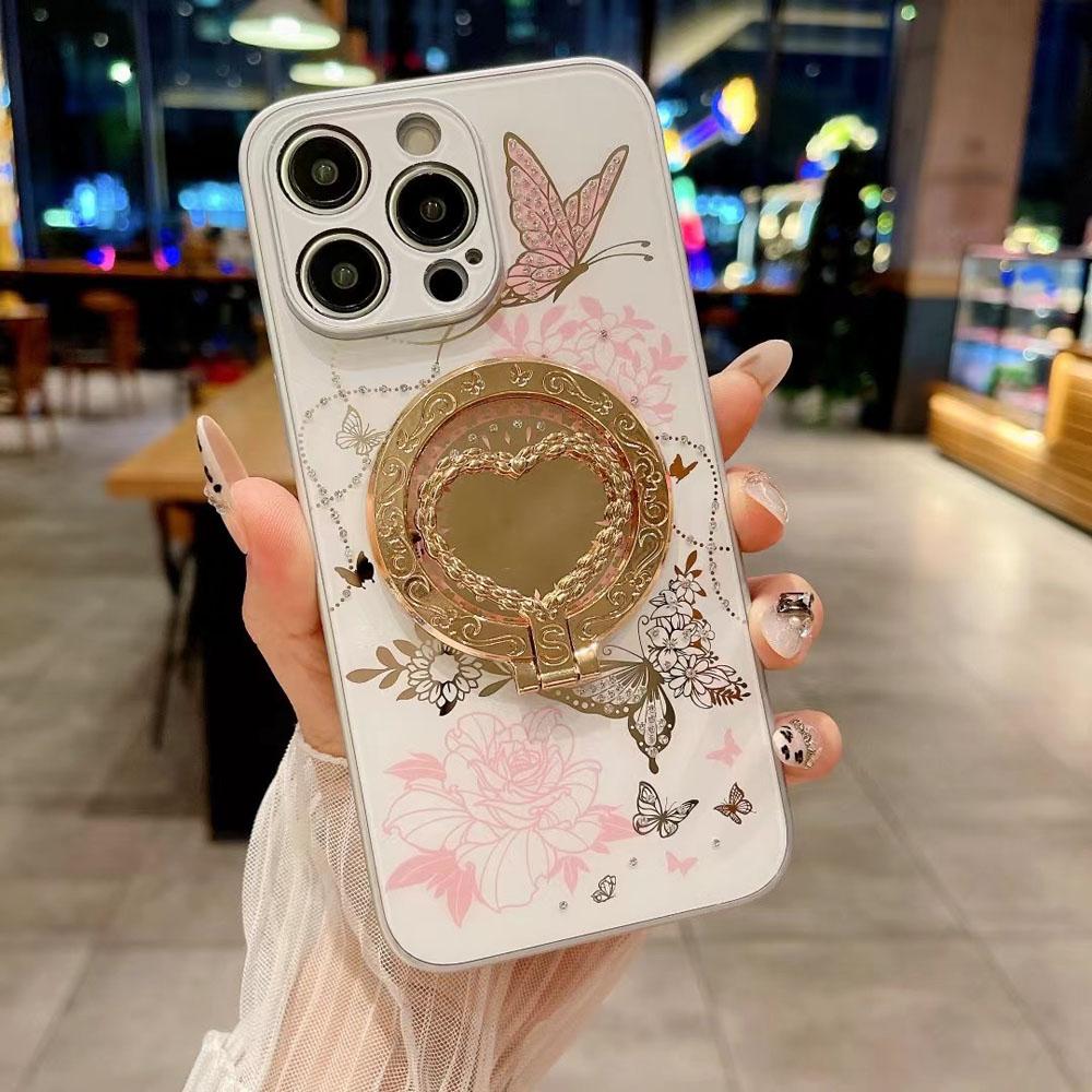 Luxury Glitter Butterfly Metal Ring Magsafe Case for iPhone 16 15 Pro Max 13 14 Plus Detachable Magnetic Ring Holder Case