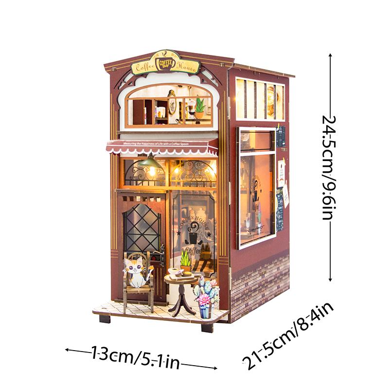 Drewniany Mini Domek dla Lalek DIY Zestaw Book Nook Model do Złożenia Puzzle 3D Podpórka do Książek Zabawki Dekoracja Wkładka na Półkę na Książki ze Światłem LED Prezenty Świąteczne