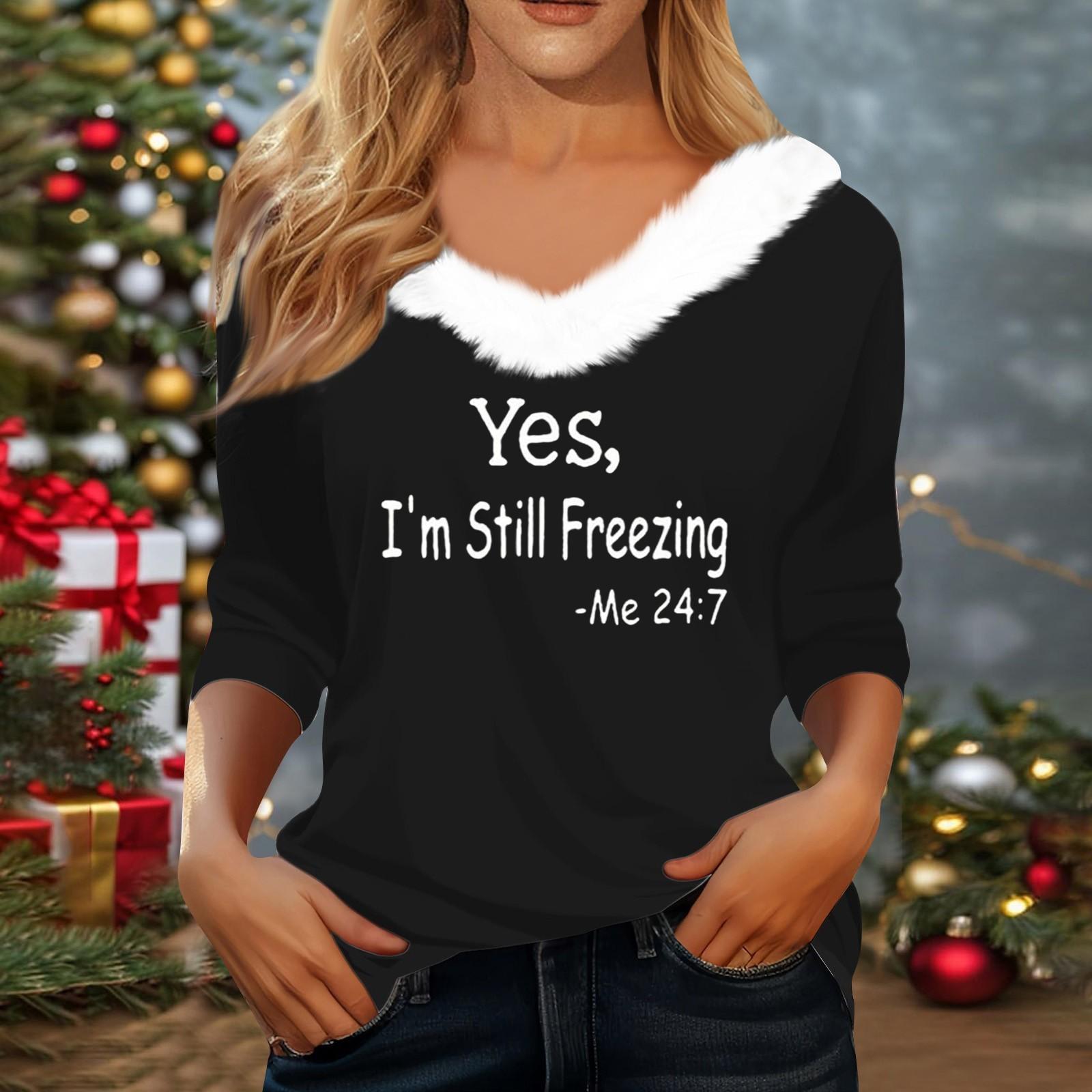 

Женская футболка, рождественская рубашка с длинным рукавом, вечерние, рождественский флисовый воротник, топ с v-образным вырезом L чёрный