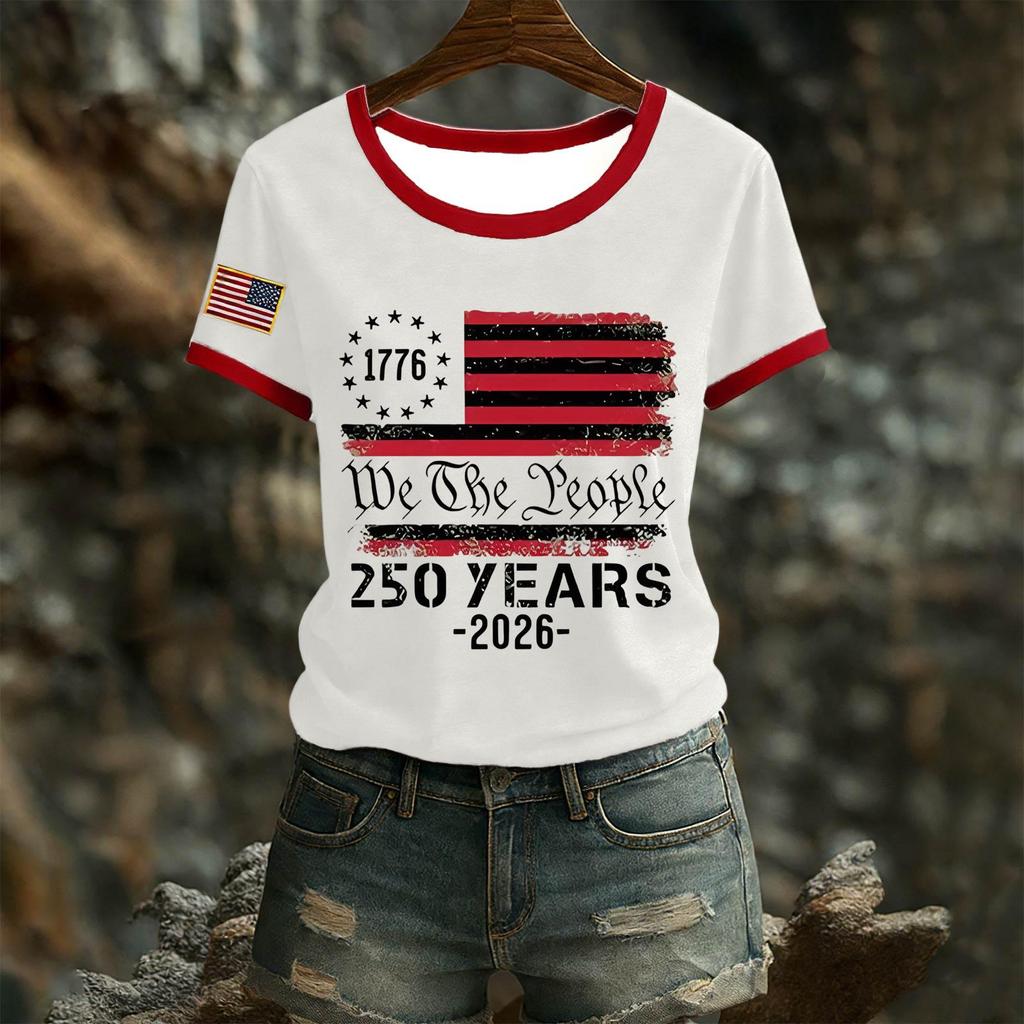 Damski casualowy top T-shirt z krótkim rękawem i okrągłym dekoltem z nadrukiem