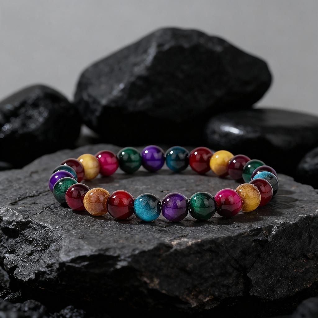 Festive Gifts Multicolor Rainbow Agate Beaded Bracelet Vibrant Fashion Jewelry For Men And Women Daily Wear Simple Versatile Accessory
