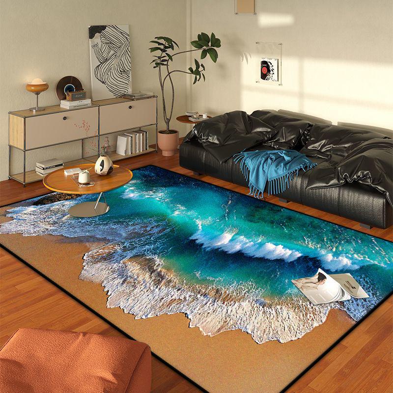 Modern 3D Style Beach Pattern Large Living Room Rug Non-slip Easy Cleaning Dining Room Decor Carpet Soft Sofa Table Mat Flannel