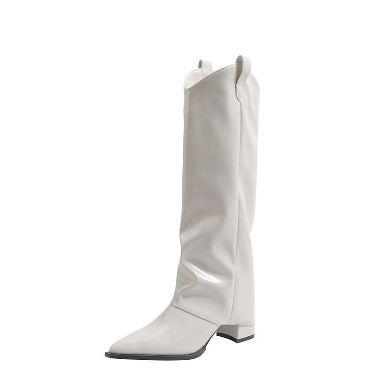 Genuine Leather~ Jiaoyu White Trouser Boots Pointed V-mouth Thin Spice Girl Boots But Knee Thick Heel Boots Knight Boots