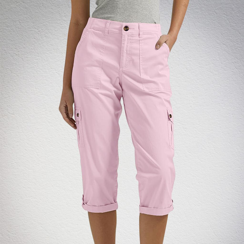 Health Women's Solid Color Outdoor Casual Workwear Multi-Pocket Seven-Length Casual Pants Work Trousers Comfortable Fit