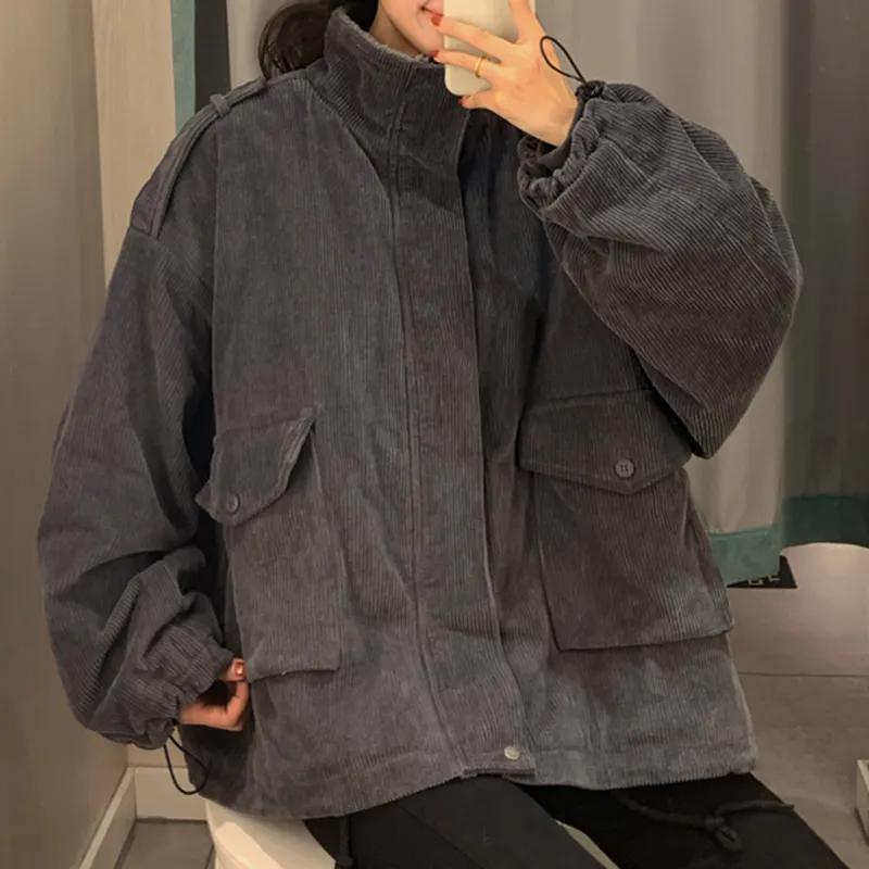 Women Winter Warm Patchwork Corduroy Vintage Thick Loose Parkas Female Outwear Pocket