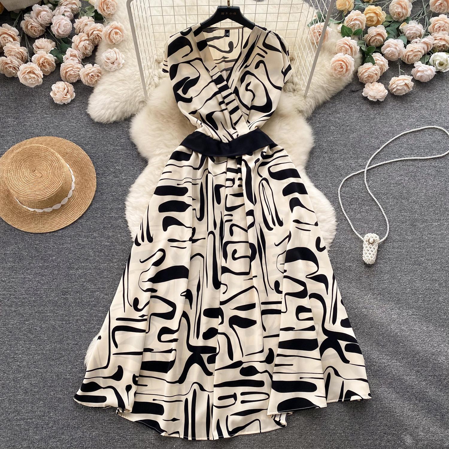 

Летнее винтажное женское длинное платье с принтом, элегантное, без рукавов, с V-образным вырезом, с высокой талией, А-силуэта, макси-платье, женское, новое модное платье One Size