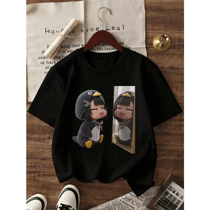 European sizes Girls' Summer Girl Group Cartoon Style Short Sleeve T-Shirt, Cute Idol Fashion Print, Breathable And Non-Stuffy Clothing