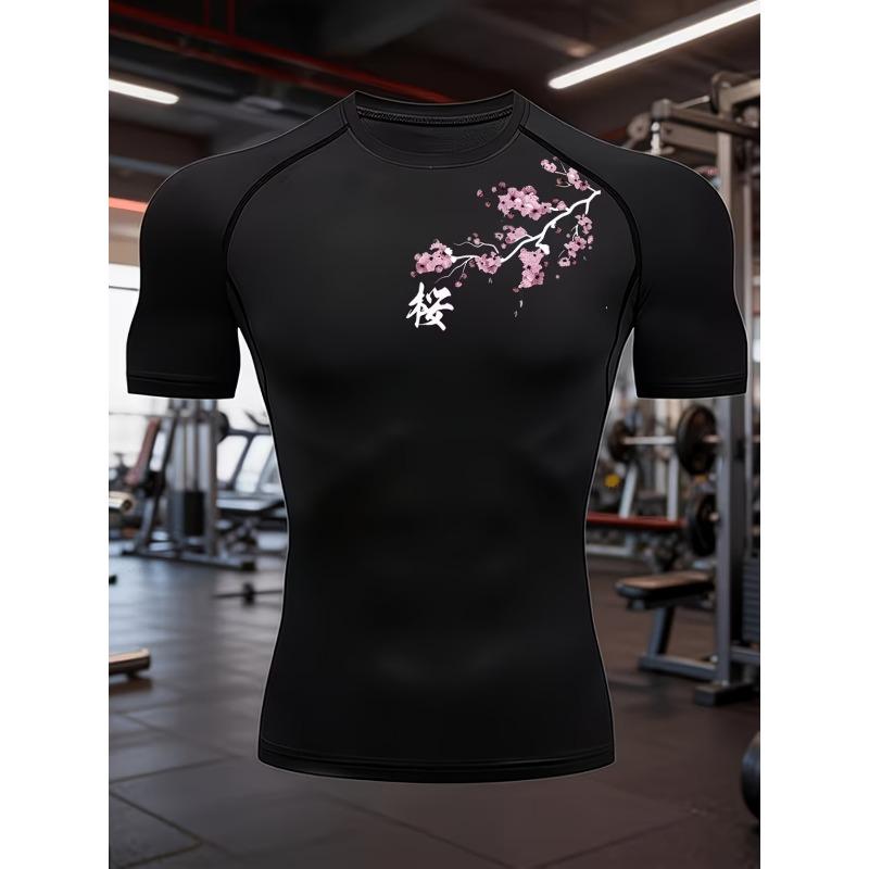 Mens Navy Blue Compression Short Sleeve T-Shirt Cherry Blossom Graphic Slim Fit Gym And Running Athletic Training Top