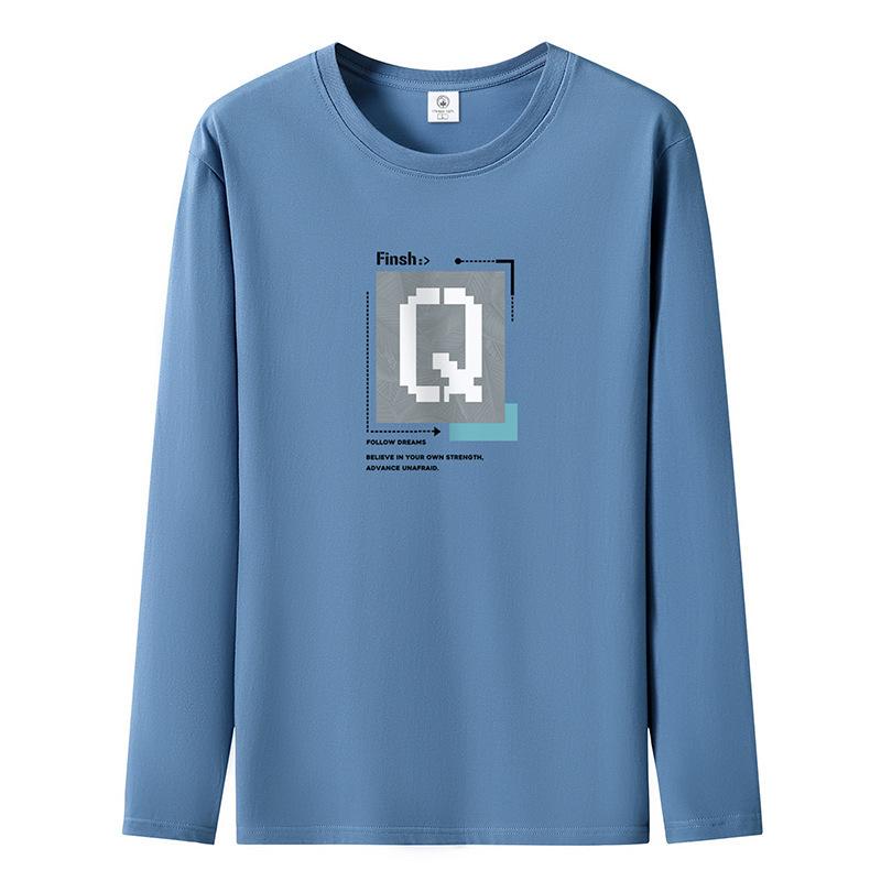 Q Pattern Mens Long Sleeved Tee Shirt Pure Cotton Plus Size Man Casual Pullovers