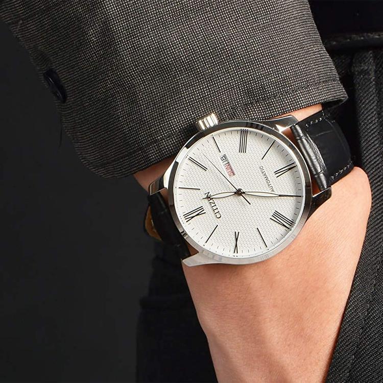 Citizen Klasyczny mechanizm mechaniczny Pasek ze skóry bydlęcej Zegarek Męskie Zegarki Biała Tarcza NH8350-08A