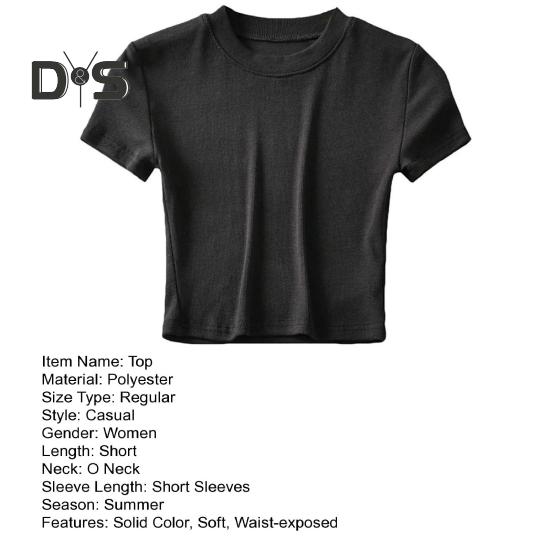 Women Summer Crop Top O Neck Short Sleeve Slim Fit Stretchy Solid Color Waist Exposed Casual Soft Breathable Lady T Shirt