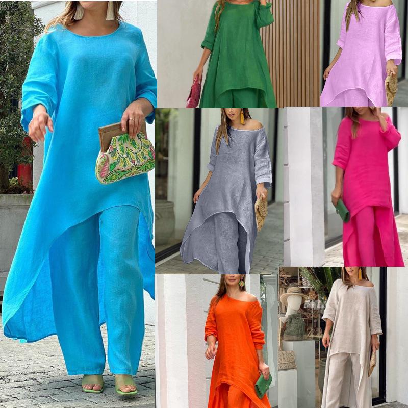 2023 Plus Size Women's Cotton Linen Irregular Two-Piece Long Sleeve Top Set
