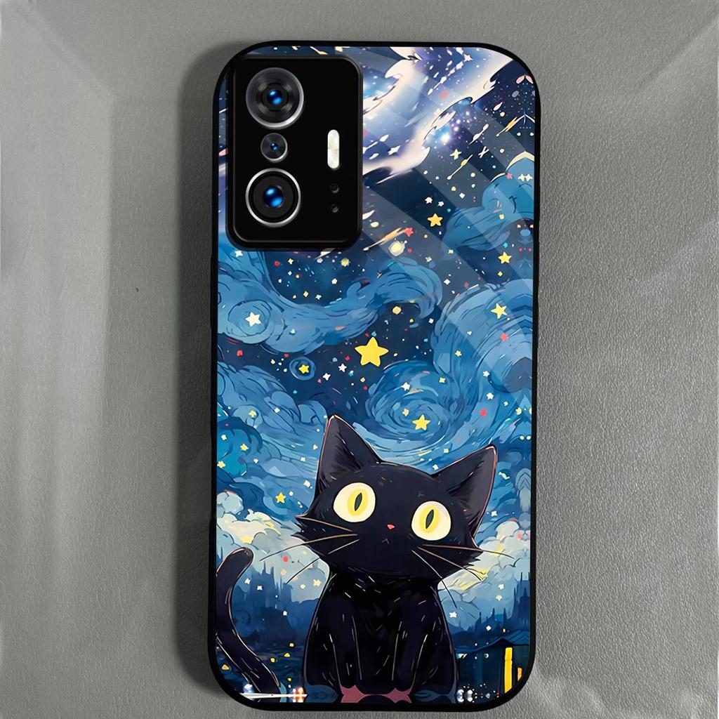 Case for Xiaomi 11T Pro Anime Black Cat Starry Cloud Print Phone Cover Acrylic Hard Back Shell With Flexible TPU Edge