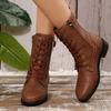 Medium women's boots autumn and winter new round head fashion belt buckle solid color side zipper Martin boots