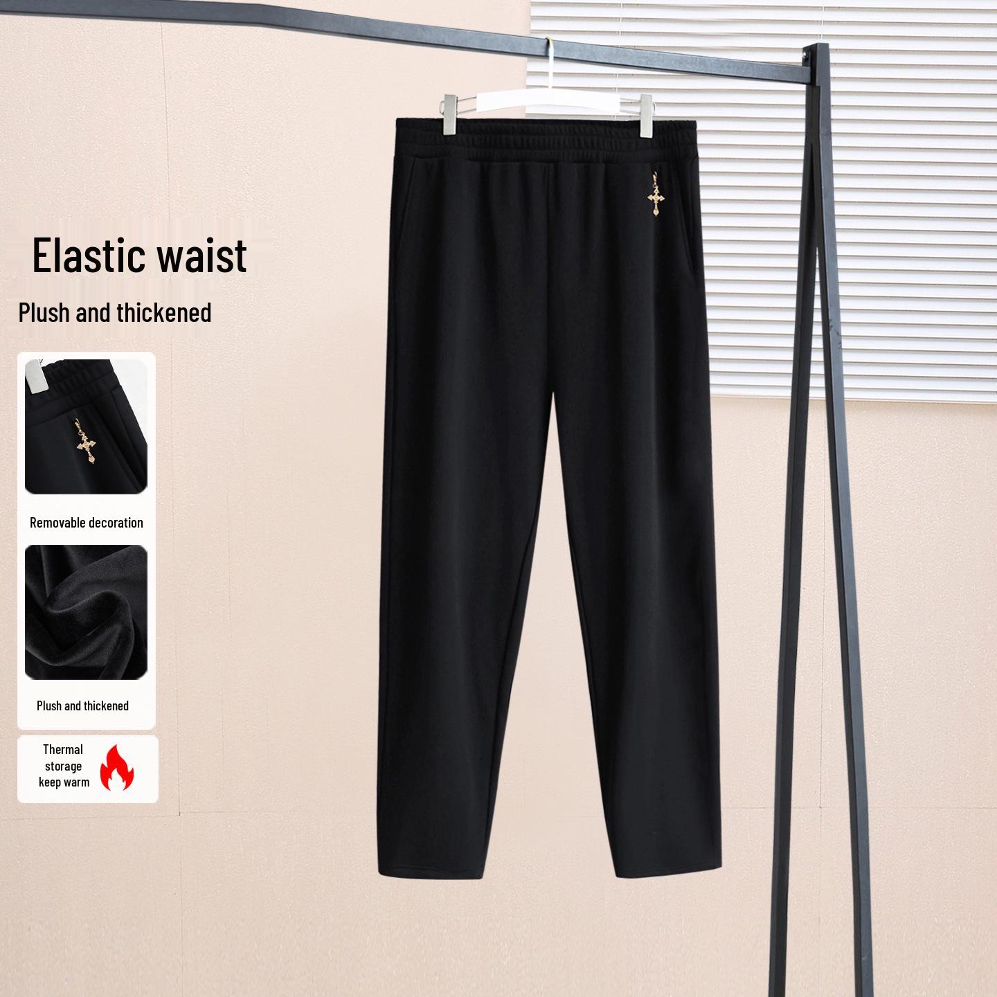 

High-Waisted Fleece-Lined Winter Slimming Casual Pants for Plus-Size Women, Long Length 6XL (95-103kg) чёрный