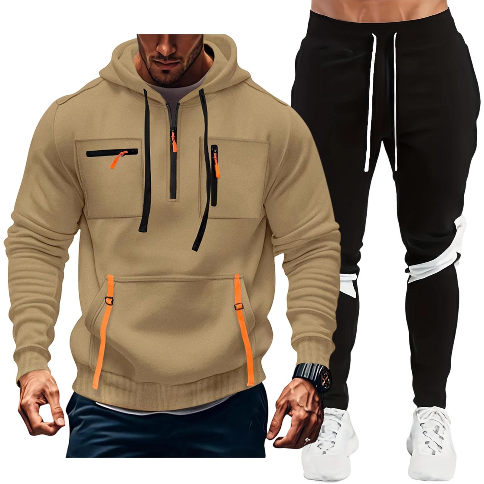 

Мужское худи с несколькими карманами, капюшоном и длинными рукавами, повседневный спортивный костюм-двойка L хаки